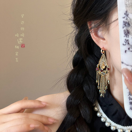 新中式水晶风铃流苏吊坠耳环女复古民族风长款耳坠轻奢高级感耳饰