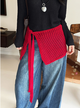 红色镂空针织方巾腰带女复古系腰半身裙遮臀腰封屁帘装饰腰间配饰