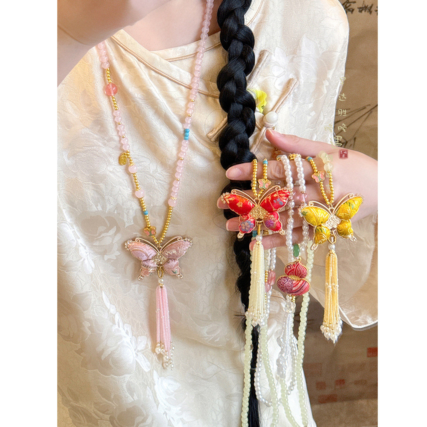 ［漆园蝶］宋锦蝴蝶葫芦流苏项链女新中式串珠长款毛衣链国风配饰