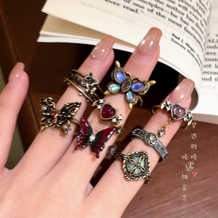 中古蝴蝶锆石开口戒指女2025新款小众复古食指戒装饰秋冬叠戴指环