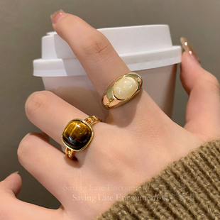 食指戒简约个性 复古天然石开口戒指女轻奢高级感新中式 可调节指环