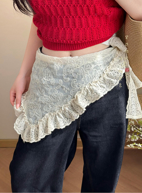 芭蕾风白色蕾丝花边腰封三角巾女配裙子牛仔裤叠穿屁帘头巾发饰品
