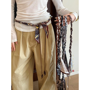 丝带腰绳 饰配牛仔裤 棕色腰果花丝巾编织腰带女款 复古民族风腰链装