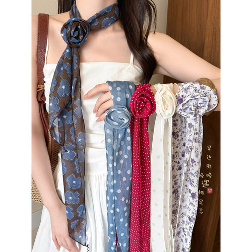 花朵波点长条丝巾复古小众设计