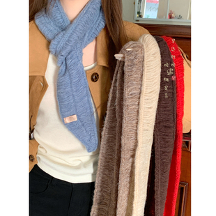 冬日温存~蓝色长条针织围巾女生2026新款高级感冬季小众围脖护颈