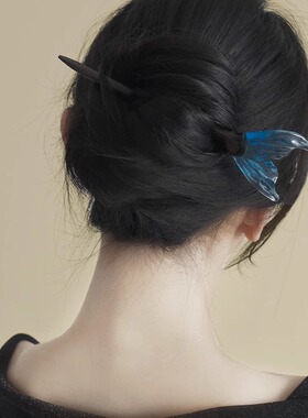 新中式蓝色鱼尾檀木盘发簪子高级感发钗古风国风日常通勤发饰品女