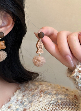 小猫与鱼~可爱木质耳环女复古小众设计耳钉耳坠适合冬天的耳饰品