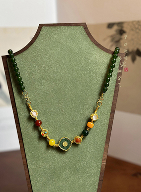 新中式绿色串珠长款项链女国风复古玛瑙天然石毛衣链汉服旗袍配饰