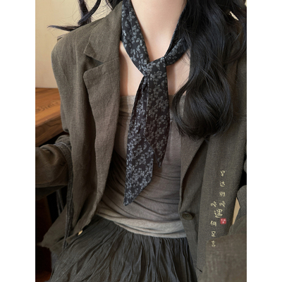 黑白格子长条丝巾复古高级感