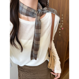 棉麻格子长条丝巾女2025新款系脖高级感围脖领巾搭配颈饰护颈配饰