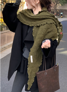 初雪浪漫~羊毛绿色木耳边三角巾围巾女士冬季高级感围脖披肩两用