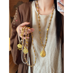 新中式镶钻葫芦沙金吊坠项链女国风精致长款毛衣链汉服旗袍配饰品