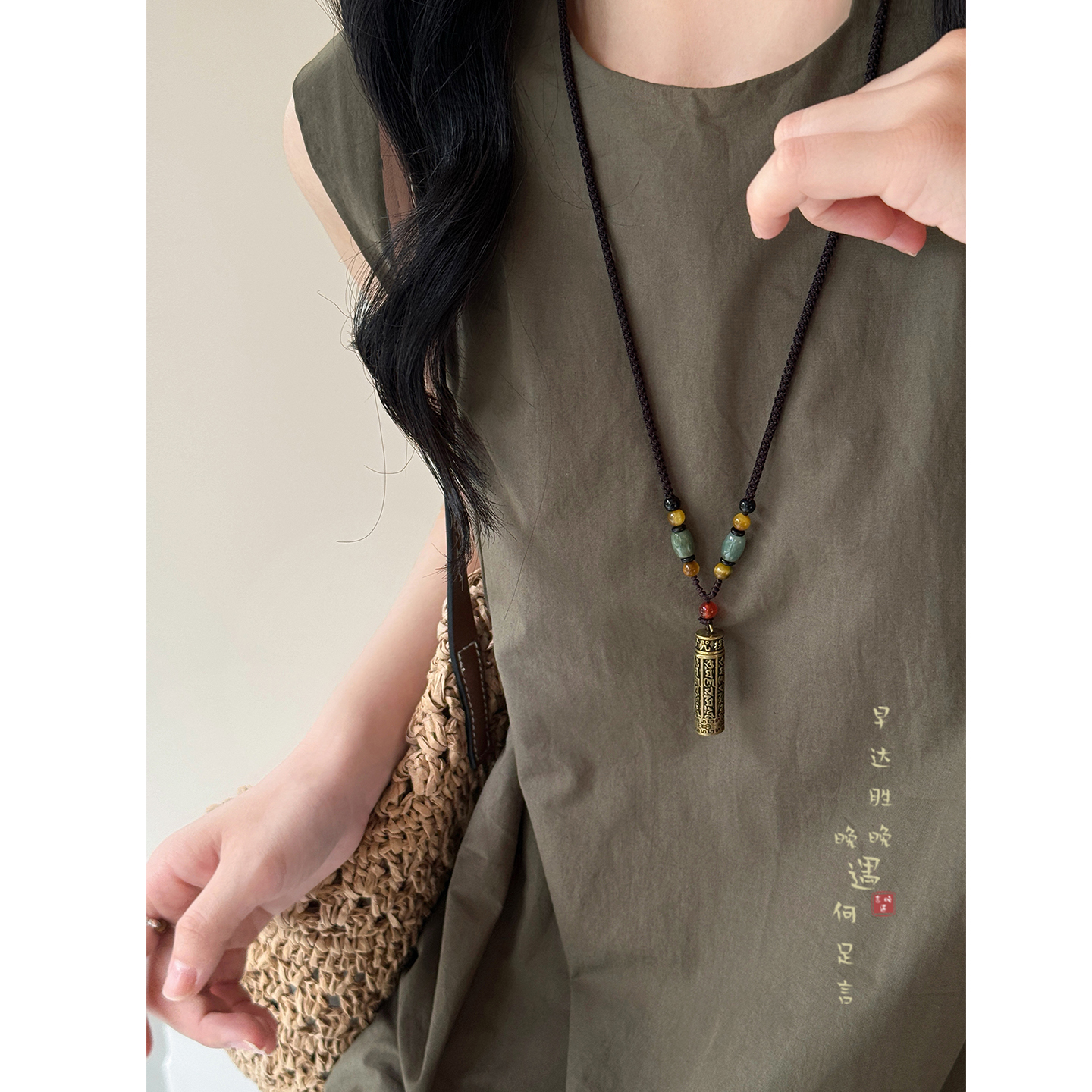 檀木质吊坠项链新中式复古