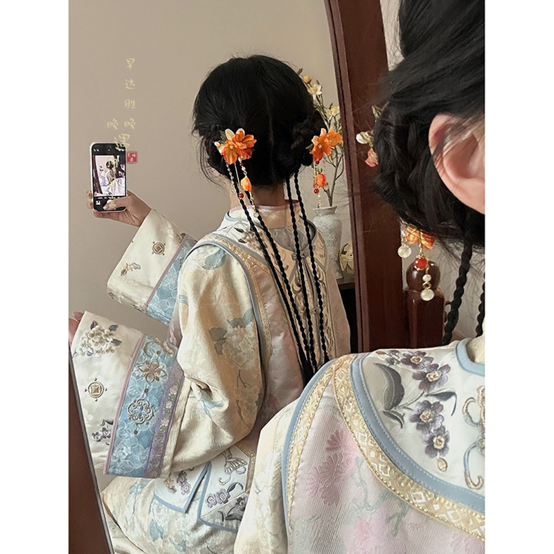 新中式古风绢花流苏发夹女明制国风复古丸子头对夹汉服马面裙发饰