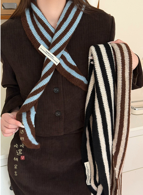 秋冬限定！针织蓝色条纹三角披肩女冬外搭围巾保暖围脖高级感护颈
