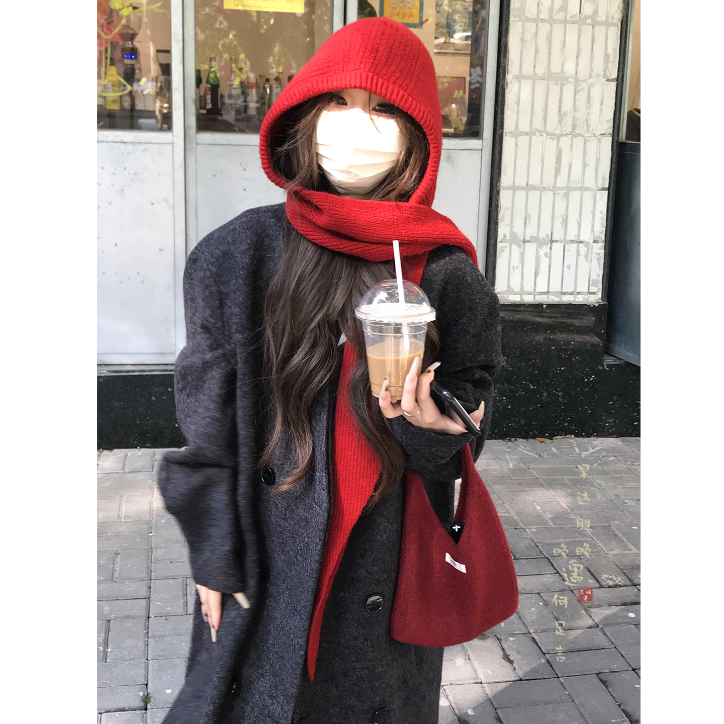 针织红色帽子围巾一体女生冬季巴拉克拉法帽加厚保暖披肩连帽围脖