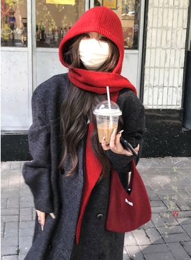 针织红色帽子围巾一体女生冬季巴拉克拉法帽加厚保暖披肩连帽围脖