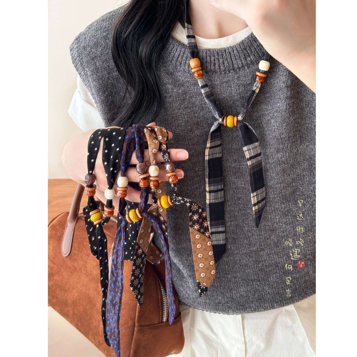 串珠波点丝巾项链高级感复古