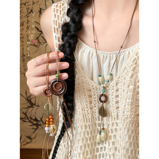 新中式陶瓷吊坠项链女复古民族风长款挂绳毛衣链配饰配毛衣装饰品