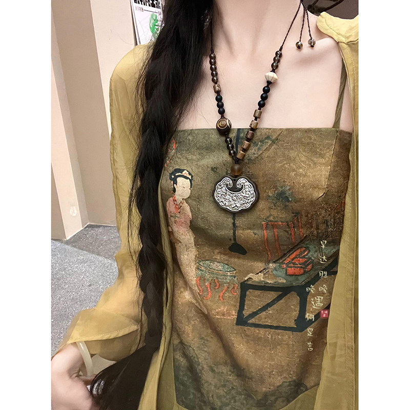 黑檀木莲花如意锁项链新中式复古图片