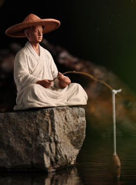 姜太公钓鱼摆件创意紫砂人物姜子牙禅意假山鱼缸盆景造景装饰配件