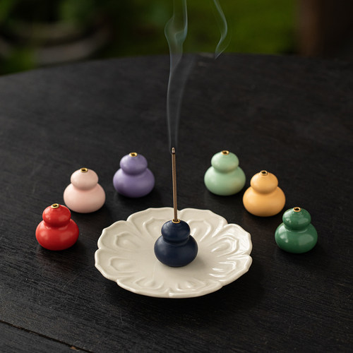 国风福禄陶瓷七彩小葫芦香插香座