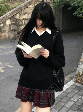 姬物语秋冬JK毛衣纯棉叠穿针织衫校供百搭日系V领长袖上衣假两件