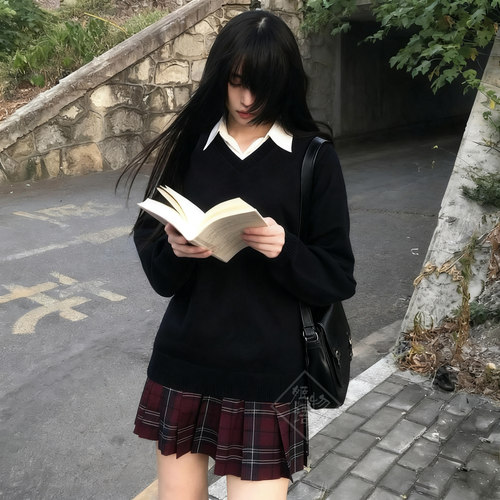 姬物语秋冬JK毛衣纯棉叠穿针织衫校供百搭日系V领长袖上衣假两件