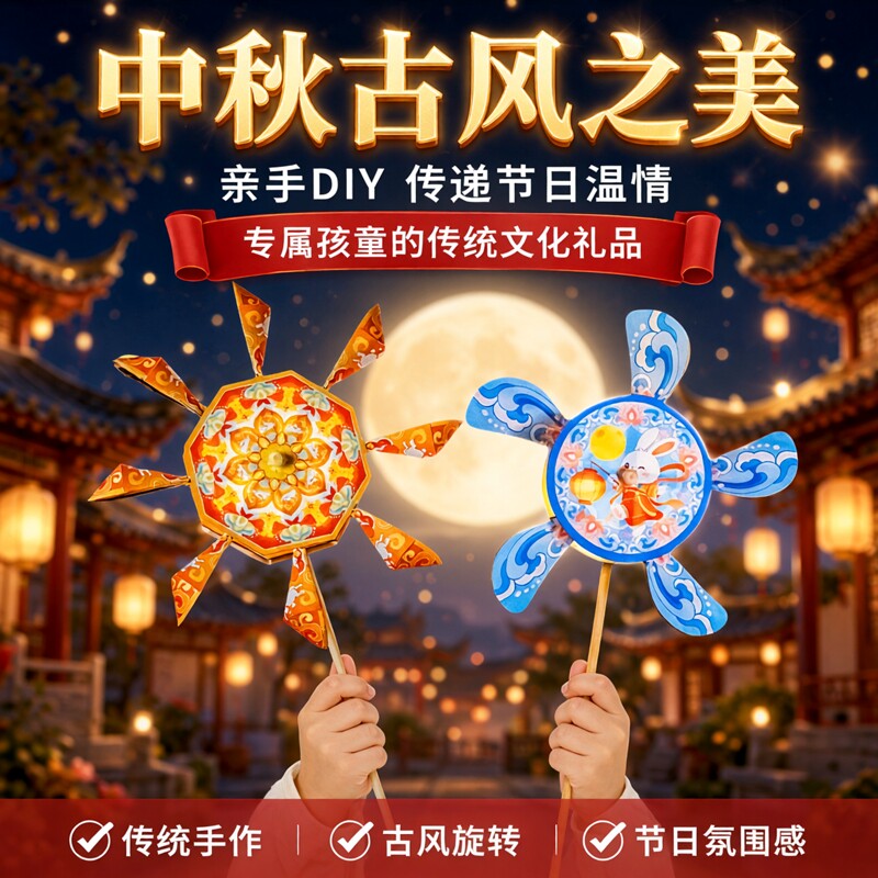 中秋节灯笼手工diy古风旋转风车花灯儿童手持新款2026礼物小礼品