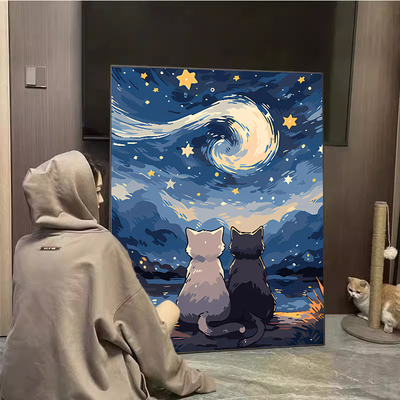 猫咪数字油画梵高星空
