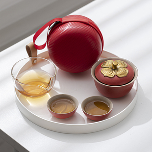 柿柿如意一壶两杯旅行茶具中国红陶瓷可携式收纳茶具快客杯泡茶杯