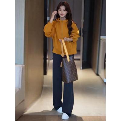 MONLOUVE秋日ootd穿搭一整套小个子显瘦韩系慵懒风半拉链连帽卫衣