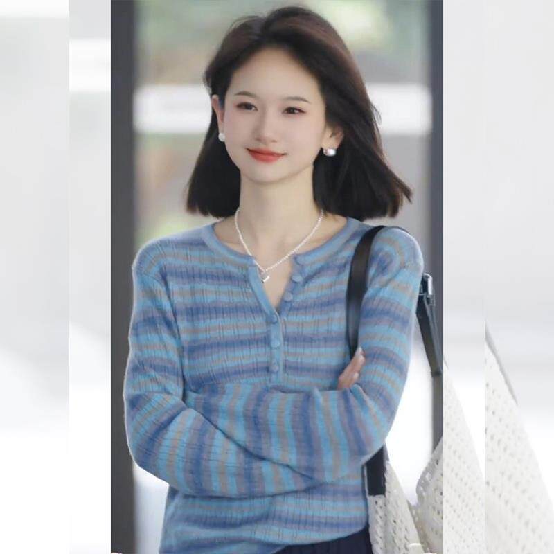 MONLOUVE蓝色渐变条纹防晒长袖t恤女夏季外搭薄纱小个子宽松罩衫