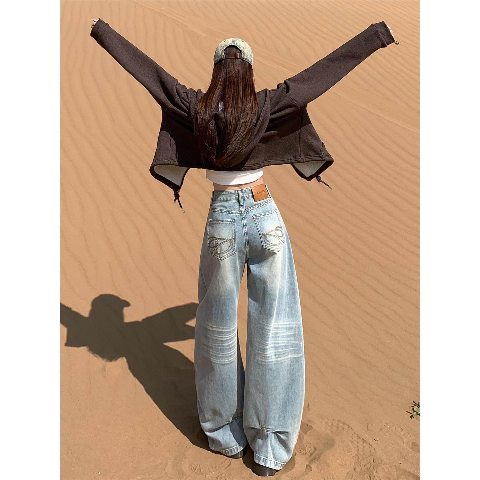 阔腿牛仔裤女秋季新款个性设计感美式慵懒风显瘦直筒宽松拖地裤子