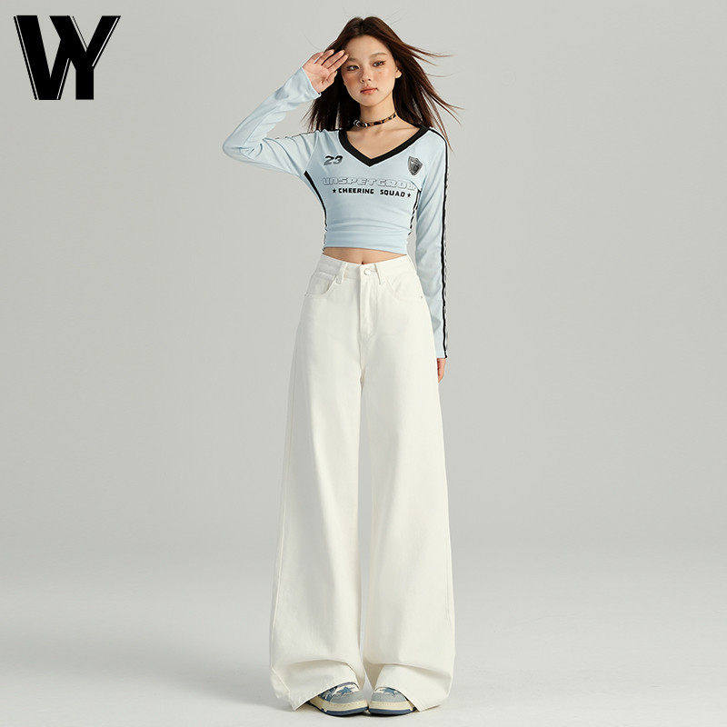 美式白色阔腿牛仔裤女夏季新款覆古高腰宽松显瘦垂感直筒拖地裤子