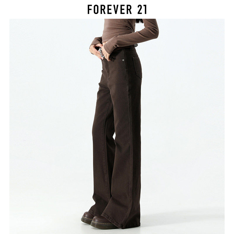 Forever 21美式复古棕咖加绒高腰微喇牛仔裤女修身显瘦遮肉喇叭裤