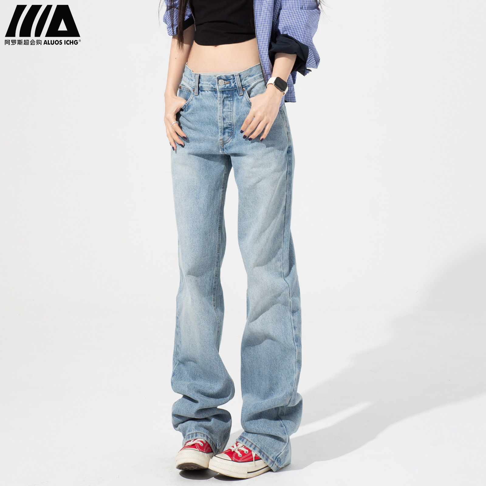 浅色窄版直筒牛仔裤女2025春夏新款美式宽松百搭显瘦显高阔腿裤子