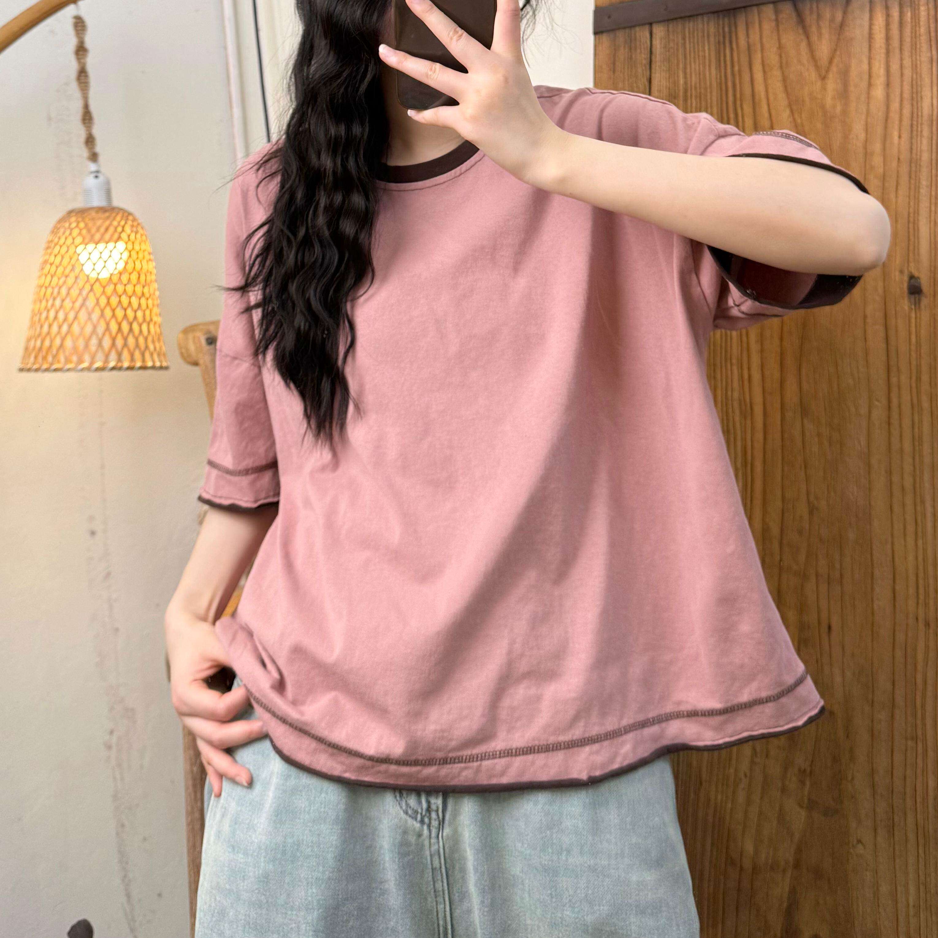 宽松型简约风撞色领口短袖T恤女夏季宽松百搭圆领上衣2026年夏季