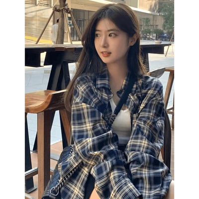 港味宽松显瘦慵懒风薄款衬衫2024早秋设计感格子衬衫复古小众外套