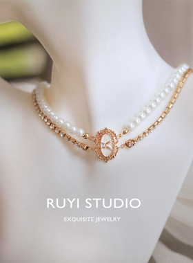 小众法式复古双层串珠闪钻颈链气质金色轻奢叠戴日常旅拍古典项链