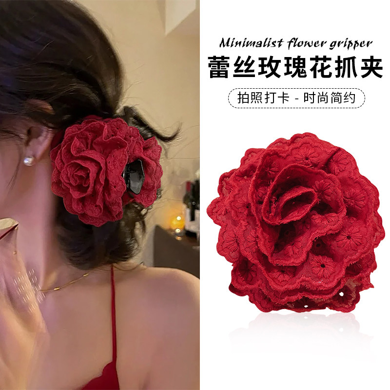 蕾丝花朵抓夹女2026新款玫瑰花发夹后脑勺高端大号鲨鱼夹夹子头饰