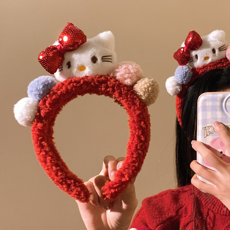 卡通可爱红色kitty猫洗脸发箍女发卡毛绒头箍发饰秋冬过新年圣诞