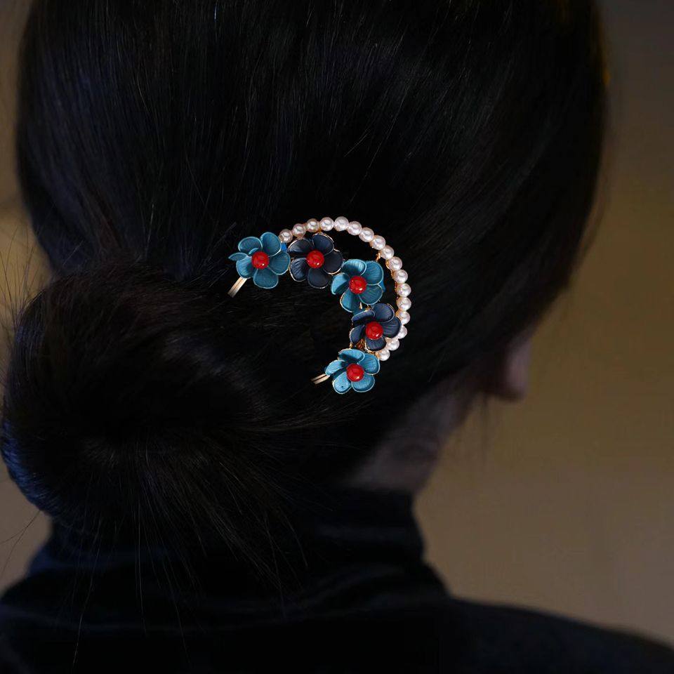 国风仿烧蓝小花大U形发钗小珍珠碎花朵丸子头百搭汉服头饰发簪