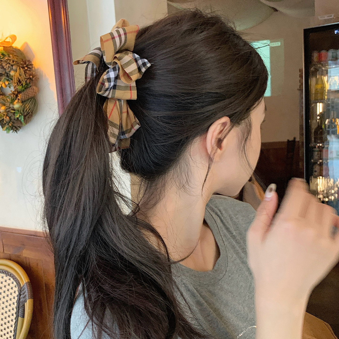 英伦学院风格纹蝴蝶结香蕉夹竖夹后脑勺显发量高马尾发夹气质发饰