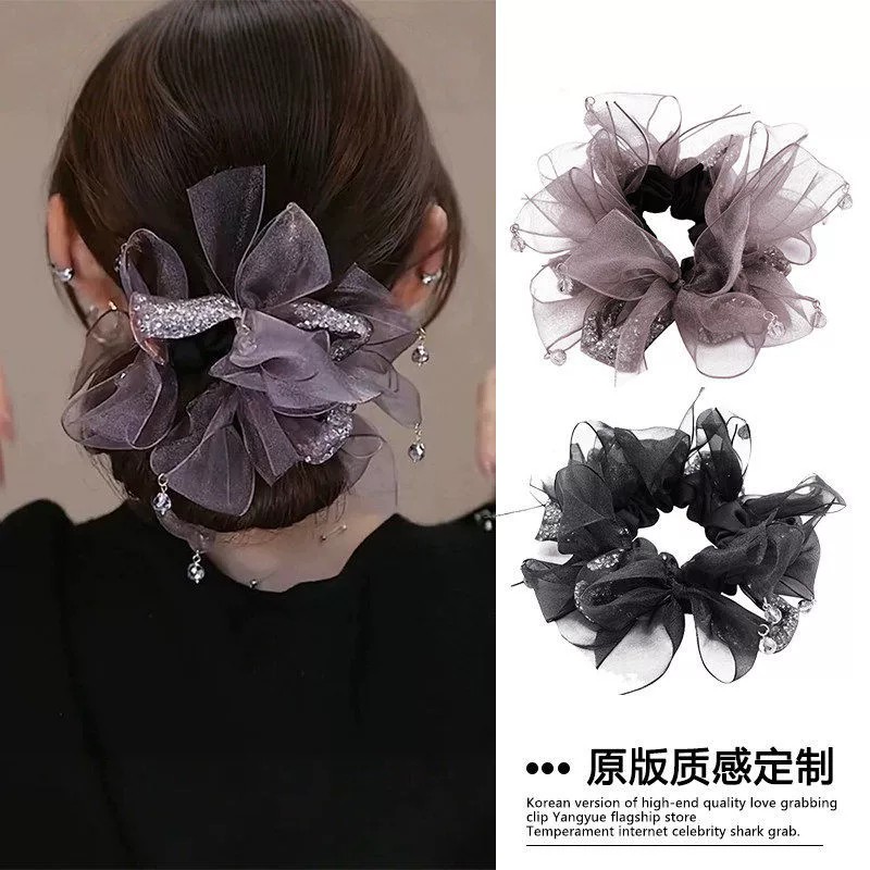 高级感黑色碎钻流苏大肠发圈女2026高端洋气扎丸子橡皮筋头花发饰