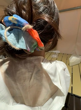 波西米亚风文艺复古原创不规则拼接苎麻手工大肠发圈绿蓝黄色发圈
