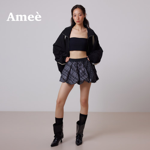 amee复古波点拼接防走光花苞裙