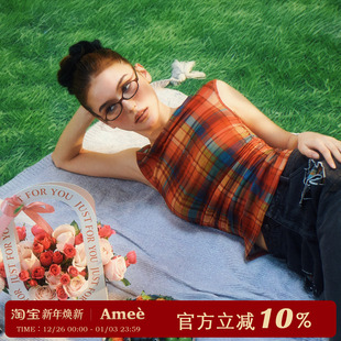 Amee红调格纹网纱t恤女美式 上衣 度假多巴胺一字肩弹力设计感短袖