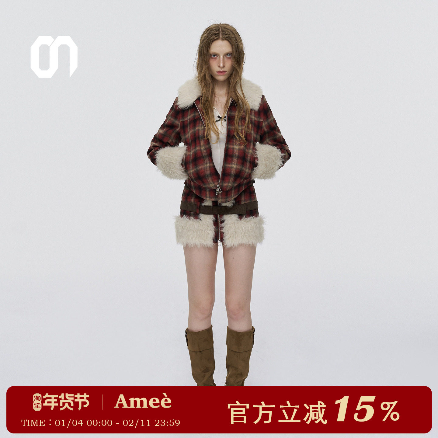 Amee复古摩登圣诞红格纹拼毛套装不规则下摆夹棉外套拼毛撞色半裙,女装/女士精品,棉衣/棉服,淘宝优惠券,粉丝福利购,淘宝优惠卷