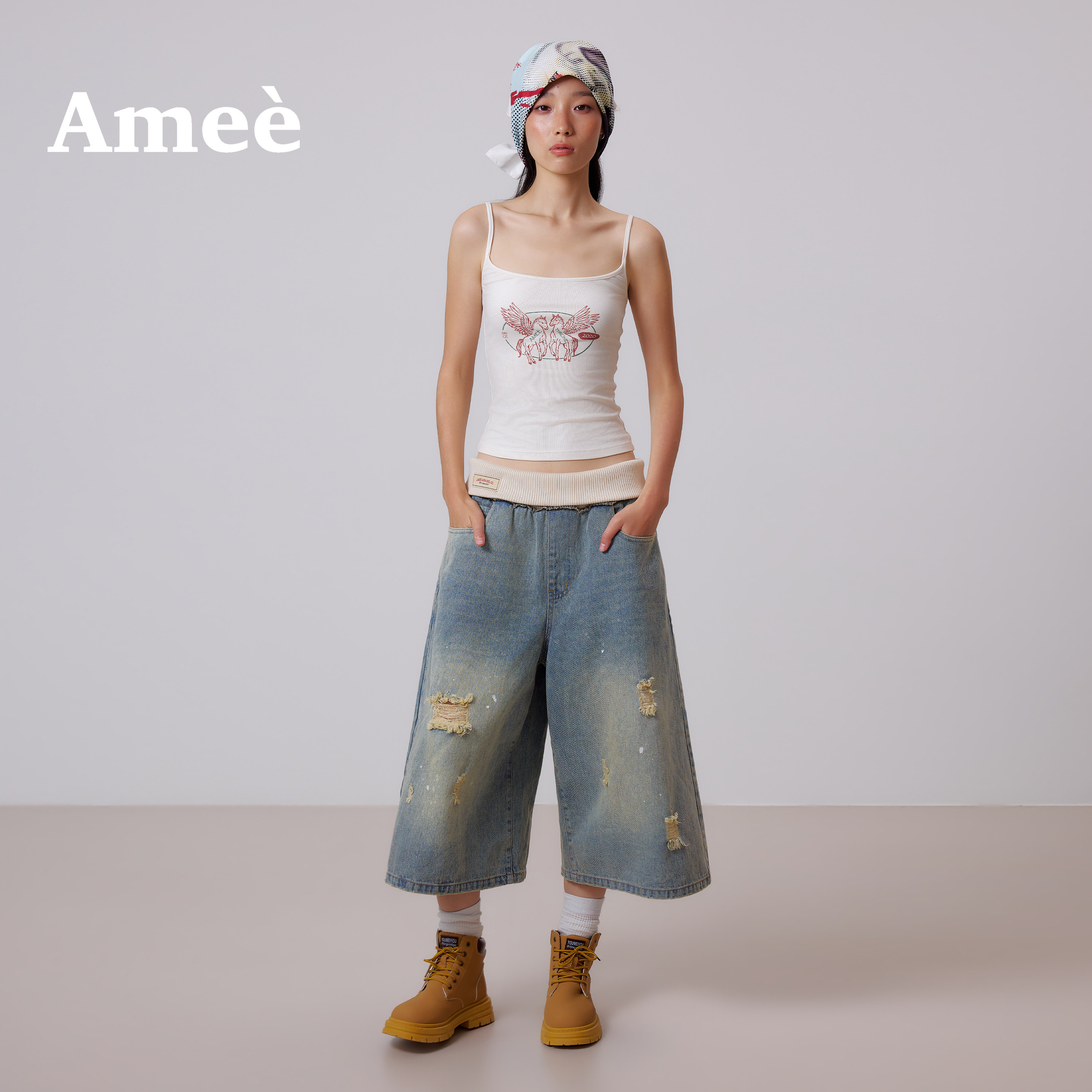 Amee美式复古拼接针织腰头宽松7分裤男女同款撞色做旧破洞牛仔裤